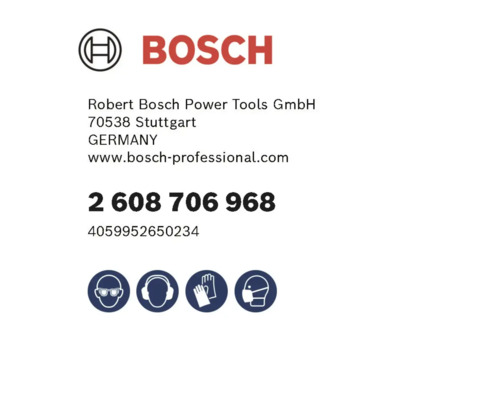 Sigla Bosch și simboluri de siguranță pentru protecția ochilor, auzului, mâinilor și căilor respiratorii.