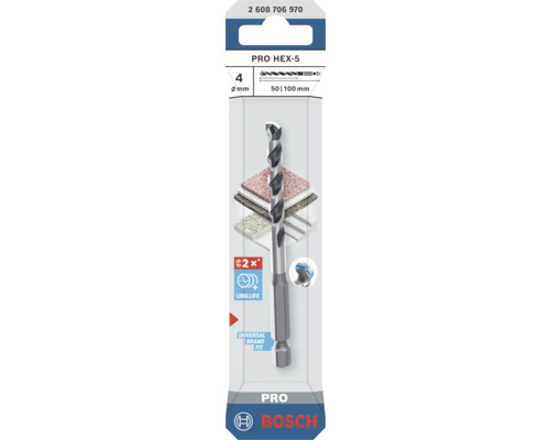Burghiu multifuncțional Bosch PRO HEX-5, diametru 4 milimetri, lungime de lucru 50 milimetri, lungime totală 100 milimetri, cu tijă hexagonală.