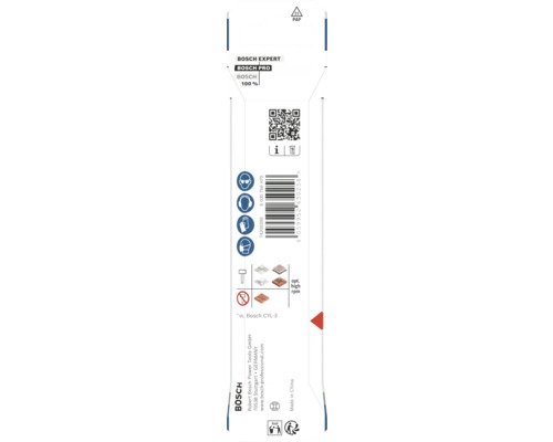 Spatele unui ambalaj Bosch Expert cu cod de bare, cod QR, simboluri de siguranță pentru ochi, urechi, mâini, protecție respiratorie și materiale.