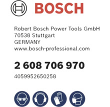 Logoul Bosch. Robert Bosch Power Tools. Număr articol 2 608 706 970. Protecție oculară, auditivă, a mâinilor și respiratorie obligatorie.