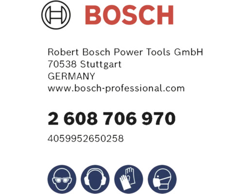 Logoul Bosch. Robert Bosch Power Tools. Număr articol 2 608 706 970. Protecție oculară, auditivă, a mâinilor și respiratorie obligatorie.
