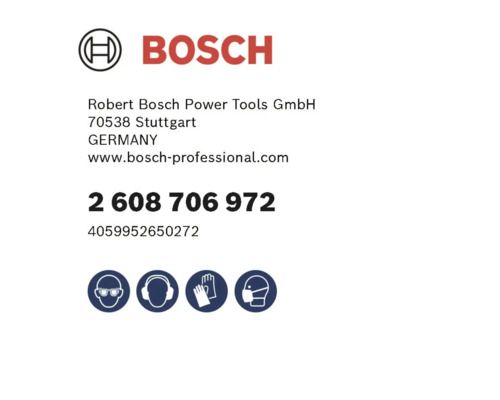 Logo Bosch, informații producător, numere de produs și simboluri de siguranță pentru protecția ochilor, auzului, mâinilor și căilor respiratorii.