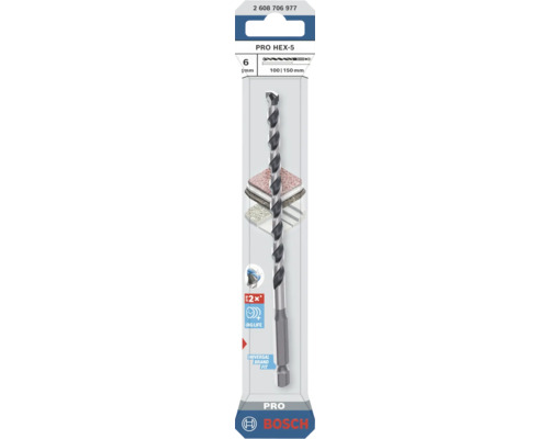 Burghiu universal Bosch PRO HEX-5, diametru 6 milimetri, lungime 150 milimetri, tijă hexagonală, durată lungă de viață.