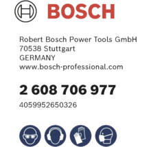 Sigla Bosch cu informații producător și simboluri de siguranță pentru protecția ochilor, auzului, mâinilor și respiratorie.