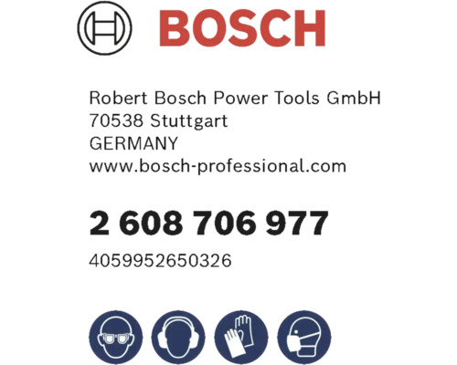 Sigla Bosch cu informații producător și simboluri de siguranță pentru protecția ochilor, auzului, mâinilor și respiratorie.
