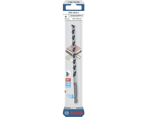 Burghiu multi-material Bosch PRO HEX-5 cu diametrul de 8 milimetri și tijă hexagonală pentru potrivire universală.
