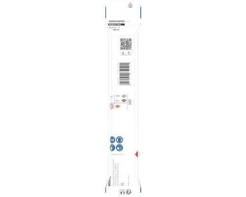 Spatele ambalajului produsului Bosch Expert cu cod de bare, simboluri de siguranță, informații despre materiale și Bosch Logo.