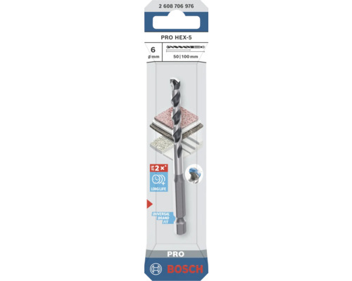 Burghiu multi-material Bosch Pro Hex-5, diametru 6 milimetri, lungime 50 până la 100 milimetri, cu tijă hexagonală pentru durată lungă de viață.
