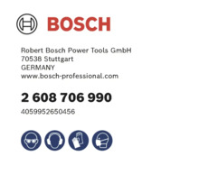 Sigla Bosch cu detalii despre producător, numere de produs și simboluri de siguranță pentru protecția ochilor, auzului, mâinilor și respirației.