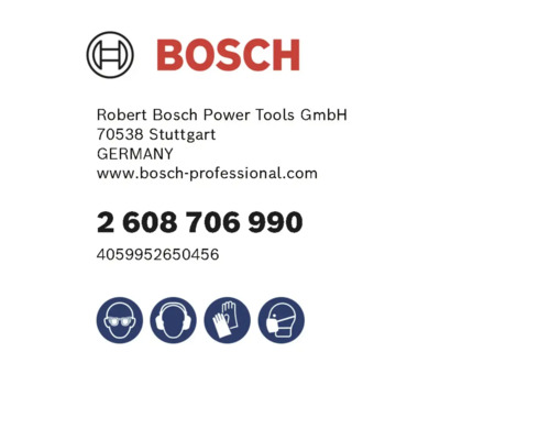 Sigla Bosch cu detalii despre producător, numere de produs și simboluri de siguranță pentru protecția ochilor, auzului, mâinilor și respirației.