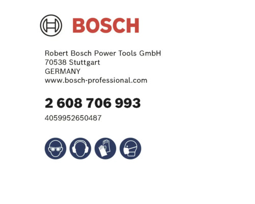 Sigla Bosch cu informații despre Robert Bosch Power Tools și simboluri pentru protecția ochilor, auzului, mâinilor și respirației.