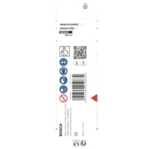 Ambalaj Bosch cu simboluri de siguranță pentru ochi, urechi, mâini și respirație, cod de bare, cod QR, simboluri de reciclare și Bosch Logo.