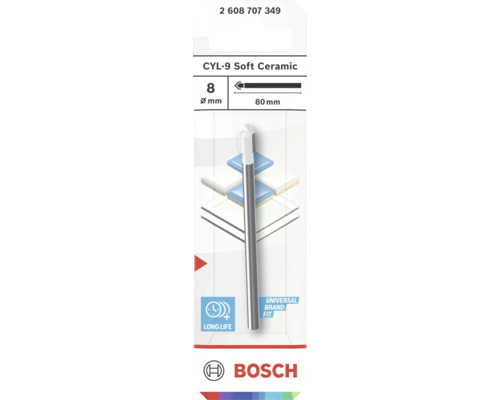 Burghiu pentru ceramică Bosch CYL-9 Soft Ceramic, diametru 8 milimetri, lungime 80 milimetri, pentru plăci moi și sticlă, Bosch Logo.