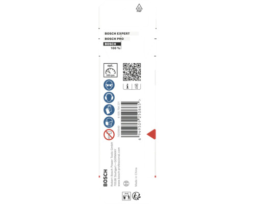 Bosch Logo, spatele ambalajului cu simboluri de siguranță pentru protecția ochilor, auzului, mâinilor, căilor respiratorii, cod de bare și cod QR.