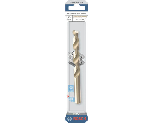 Burghiu pentru metal Bosch HSS-Co PRO pentru oțel inoxidabil, diametru 10 mm, lungime totală 133 mm, durată lungă de viață, Bosch Logo.