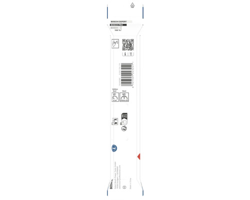 Spatele unui ambalaj Bosch cu specificații tehnice pentru oțel și oțel inoxidabil, instrucțiuni de siguranță pentru protecția ochilor, cod QR și Bosch Logo.