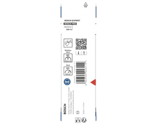 Bosch Logo, turație optimă pentru oțel și oțel inoxidabil, simbol de siguranță pentru protecția ochilor și simboluri de reciclare pe ambalaj.