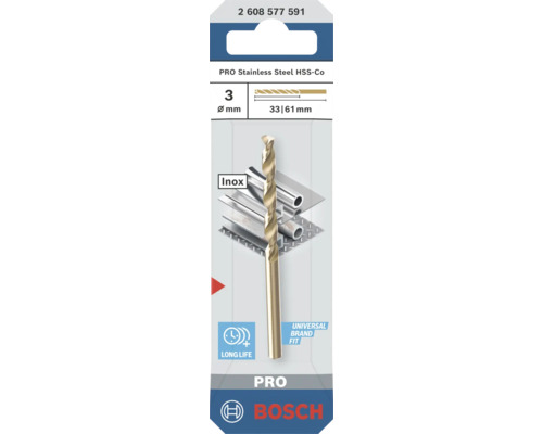 Burghiu Bosch HSS-Co PRO metal, oțel inoxidabil, diametru 3 milimetri, lungime 61 milimetri, durată lungă, potrivire universală. Bosch Logo.