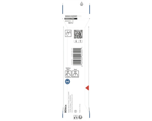 Spatele ambalajului Bosch Expert cu date tehnice, cod de bare, simbol de protecție a ochilor și compatibilitate cu oțelul și oțelul inoxidabil.