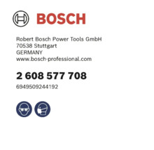 Logo Bosch cu informații despre producător și simboluri de siguranță pentru protecția ochilor și a căilor respiratorii.