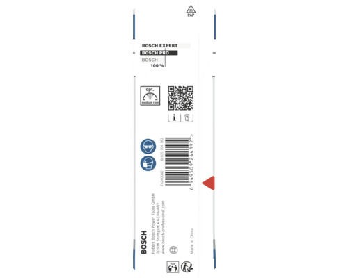 Bosch Logo pe spatele unui ambalaj cu informații despre turația optimă, simboluri de siguranță pentru protecția ochilor și a căilor respiratorii și instrucțiuni de reciclare.