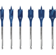 Set de șase burghie plate pentru lemn Bosch Expert SelfCut Speed în dimensiuni de la 14 la 24 milimetri cu tijă hexagonală.