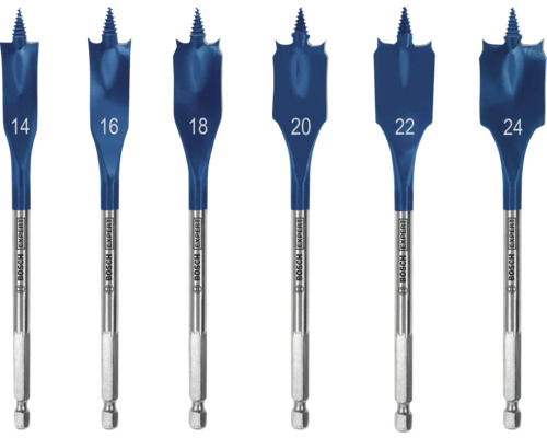 Set de șase burghie plate pentru lemn Bosch Expert SelfCut Speed în dimensiuni de la 14 la 24 milimetri cu tijă hexagonală.