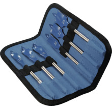 Set de 6 burghie plate pentru lemn în husă textilă albastră cu dimensiunile 12, 16, 18, 20, 22 și 24 milimetri.