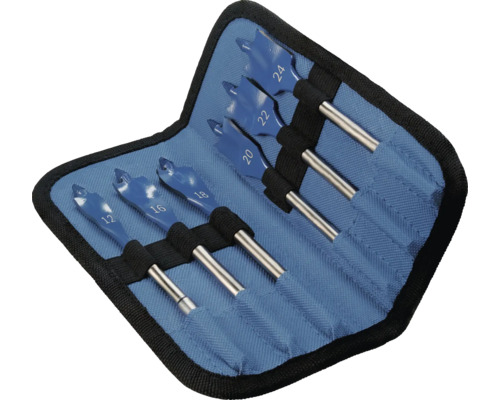 Set de 6 burghie plate pentru lemn în husă textilă albastră cu dimensiunile 12, 16, 18, 20, 22 și 24 milimetri.