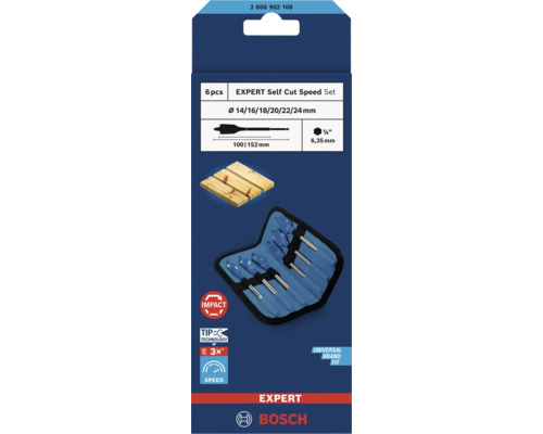 Set 6 burghie plate Bosch Expert Self Cut Speed în husă albastră, diametru 14 până la 24 milimetri, pentru mașini de înșurubat cu impact, Bosch Logo.