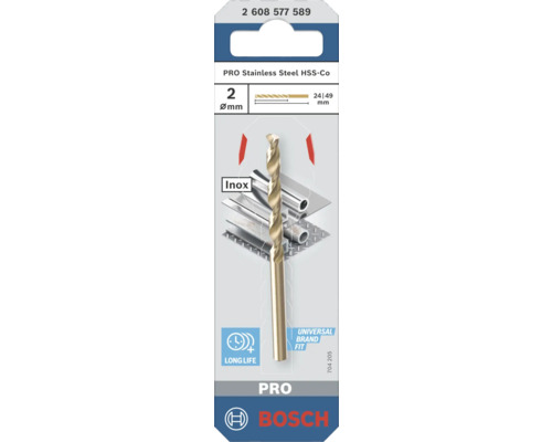 Burghiu pentru metal Bosch Pro Stainless Steel cu cobalt pentru inox, diametru 2 milimetri, lungime de lucru 24 milimetri, lungime totală 49 milimetri.