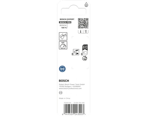 Spatele unui ambalaj Bosch cu Bosch Logo, informații de reciclare, simbol de siguranță pentru protecția ochilor și simboluri pentru lubrifiere și turație mare.