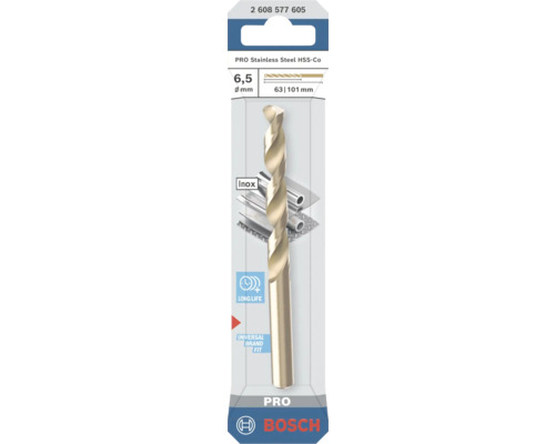 Burghiu de metal Bosch PRO HSS-Co, diametru 6,5 milimetri, lungime 63 la 101 milimetri, pentru inox, durată de viață lungă. Bosch Logo.
