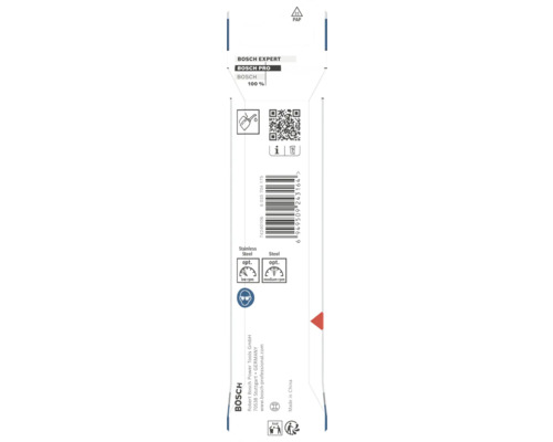 Partea din spate a ambalajului produsului Bosch Expert cu informații despre adecvarea materialelor pentru oțel inoxidabil și oțel, cod QR și cod de bare.