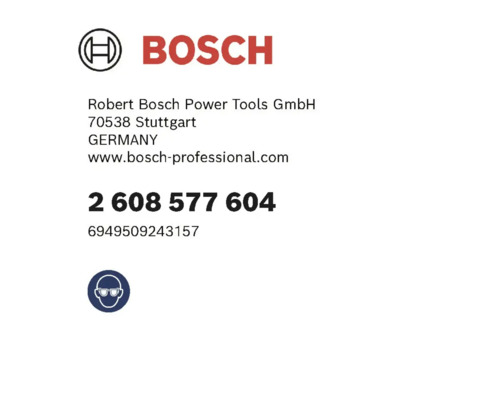 Sigla Bosch, informații despre producător și simbolul pentru purtarea obligatorie a protecției ochilor.