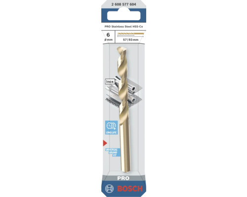 Burghiu metal inox Bosch HSS-Co, diametru 6 milimetri, lungime 57 și 93 milimetri, durată lungă de viață, universal, Bosch Logo.