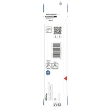 Ambalaj de produs Bosch cu cod de bare, cod QR, sigla Bosch, instrucțiuni de utilizare pentru oțel inoxidabil și oțel și simbol pentru protecția ochilor.