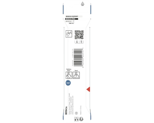 Ambalaj de produs Bosch cu cod de bare, cod QR, sigla Bosch, instrucțiuni de utilizare pentru oțel inoxidabil și oțel și simbol pentru protecția ochilor.
