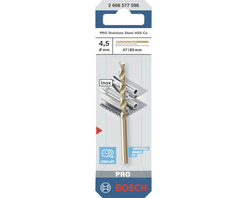Burghiu Bosch PRO HSS-Co pentru oțel inoxidabil cu diametrul de 4,5 milimetri și lungimea totală de 80 milimetri.