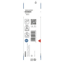 Spatele ambalajului Bosch Expert cu instrucțiuni de turație pentru oțel inoxidabil și oțel, simboluri de siguranță și reciclare și Bosch Logo.