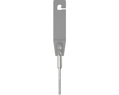 Burghiu pentru ciocan rotopercutor SDS plus din metal în suport de agățare din plastic gri.