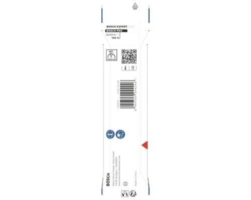 Partea din spate a ambalajului Bosch cu logo Bosch Expert și Bosch Pro, cod QR, cod bare, simboluri protecție ochi și respirație și date producător.