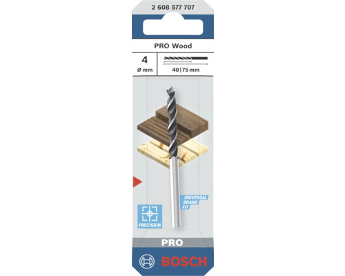 Bosch Logo. Burghiu pentru lemn Bosch PRO Wood cu diametrul de 4 milimetri, lungimea de lucru 40 milimetri și lungimea totală 75 milimetri.
