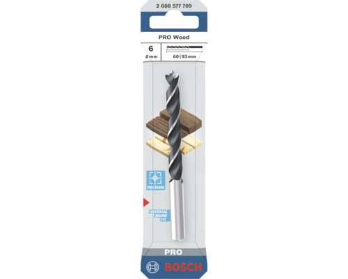 Burghiu pentru lemn Bosch PRO Wood cu diametrul de 6 milimetri, lungime de lucru 60 milimetri și lungime totală 93 milimetri.