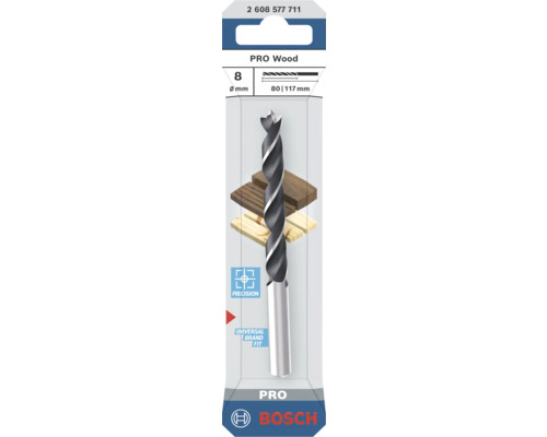 Burghiu pentru lemn Bosch PRO Wood, diametru 8 milimetri, lungime 117 milimetri, cu vârf de centrare pentru găurire precisă în lemn, Bosch Logo.