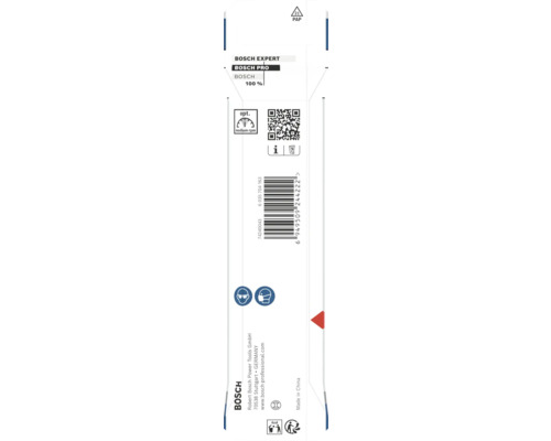 Bosch Logo. Spatele unui ambalaj Bosch Expert cu cod de bare, cod QR, simboluri de protecție, reciclare și detalii producător.
