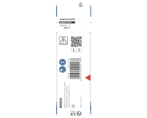 Spatele ambalajului Bosch cu simboluri pentru protecția ochilor, respiratorie, reciclare, turație medie, cod QR, cod de bare și Bosch Logo.