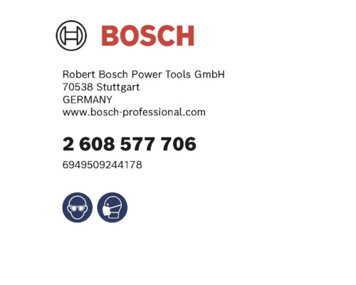 Logo Bosch cu informații despre producător, numărul articolului și simboluri pentru purtarea protecției ochilor și a măștii de praf.