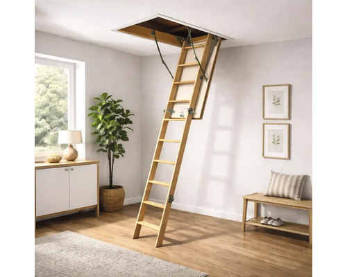 Scară de mansardă pliabilă din lemn, extinsă într-o cameră luminoasă cu podea din lemn și plantă de apartament.