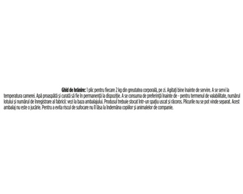 Secțiune de text cu ghid de hrănire și instrucțiuni de depozitare pentru hrana animalelor de companie.